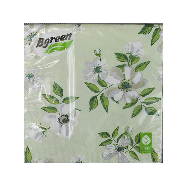 Салфетки бумажные BGREEN 3сл 20шт 33 33см Жасмин зелёный фон