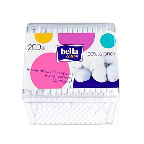 Ватные палочки BELLA Cotton 200шт в пластиковой квадратной упаковке