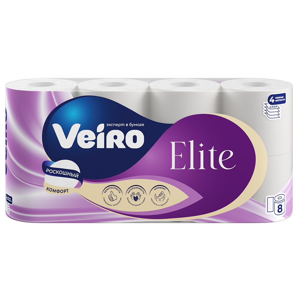 Бумага туалетная VEIRO 8шт 4сл Elite БЕЛЫЙ