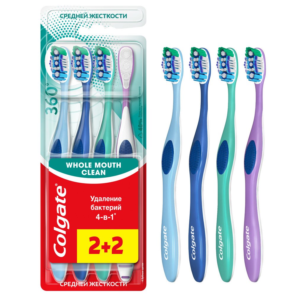 Зубная щетка COLGATE 2+2шт 360 Суперчистота всей полости рта антибактериальная средней жесткости