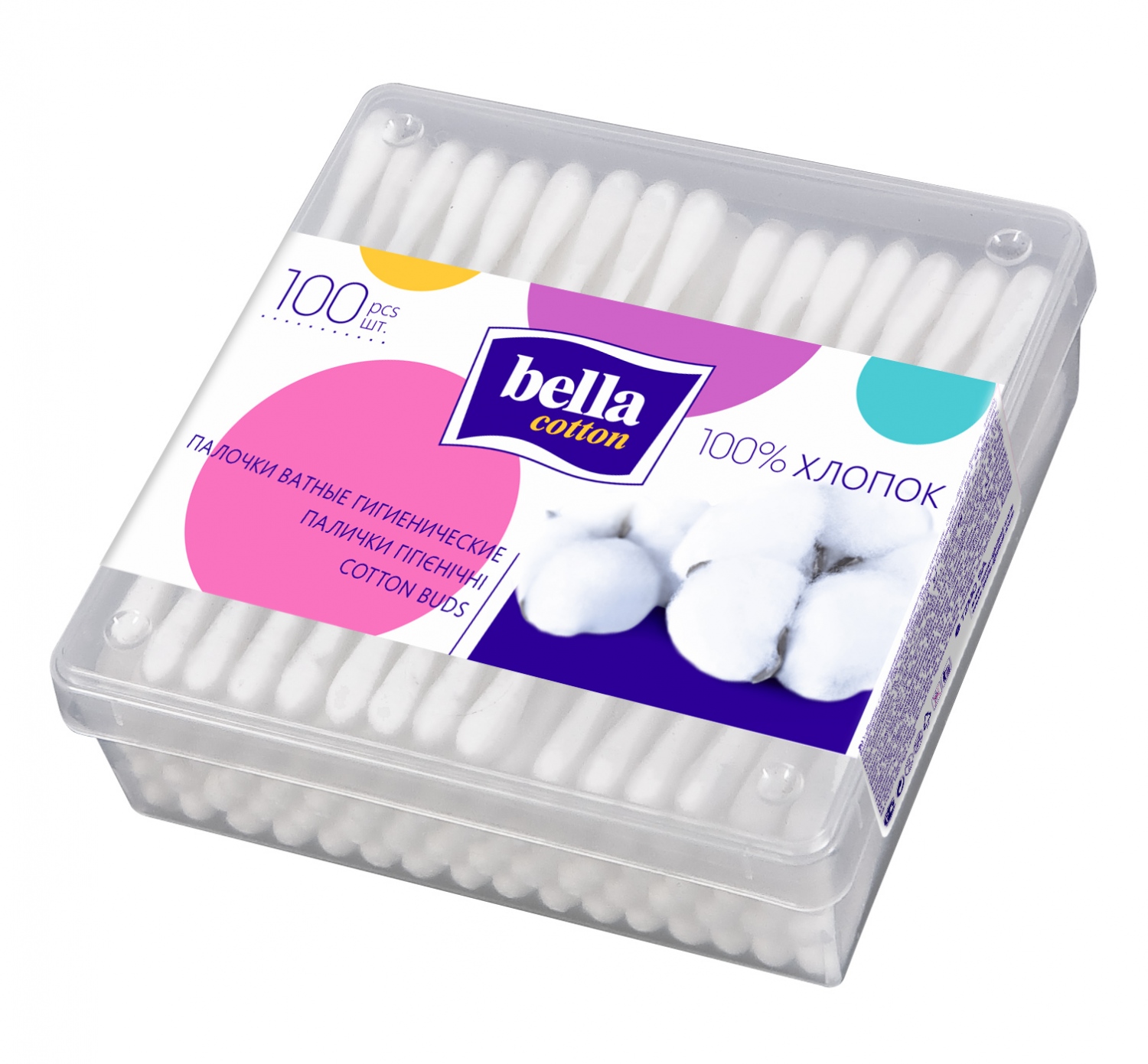 Ватные палочки BELLA Cotton 100шт в пластиковой квадратной упаковке