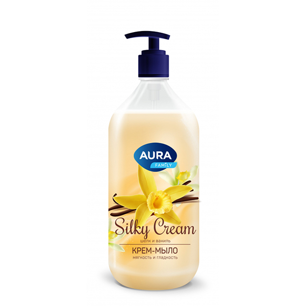 Мыло жидкое AURA Silky Cream 1000мл Крем-мыло Шелк и лотос флакон/дозатор КК/6