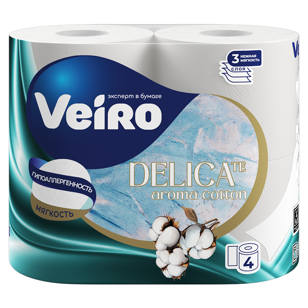 Бумага туалетная VEIRO 4шт 3сл ароматизированная DELICATE Cotton БЕЛЫЙ