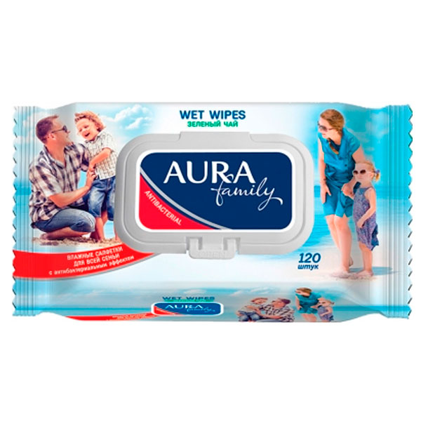 Влажные салфетки AURA Family 120шт с антибактериальным эффектом с крышкой
