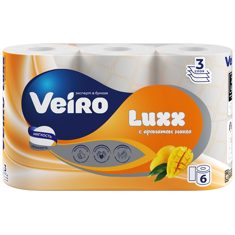 Бумага туалетная VEIRO Luxx 6шт 3сл Бумага туалетная ароматизированная Манго Белая
