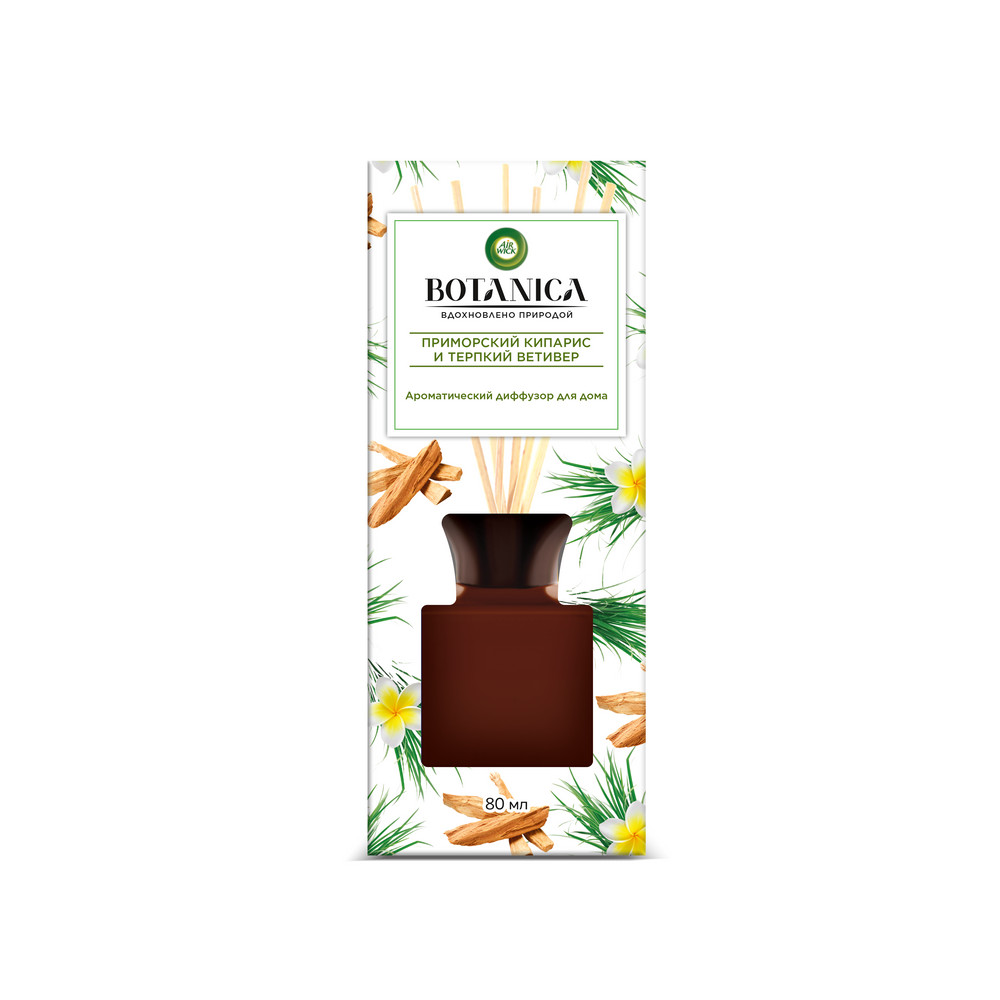 Диффузор ароматический Air Wick Botanica 80мл с деревянными палочками Приморский кипарис и терпкий ветивер