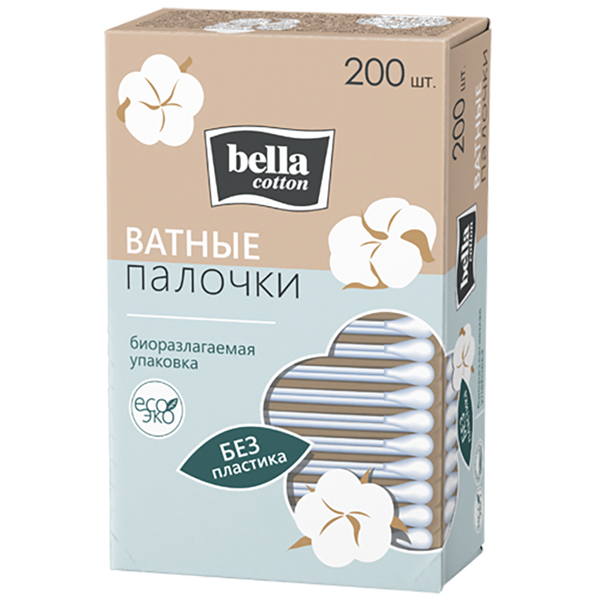 Ватные палочки BELLA 200шт с бумажными стиками (в картонной коробке)