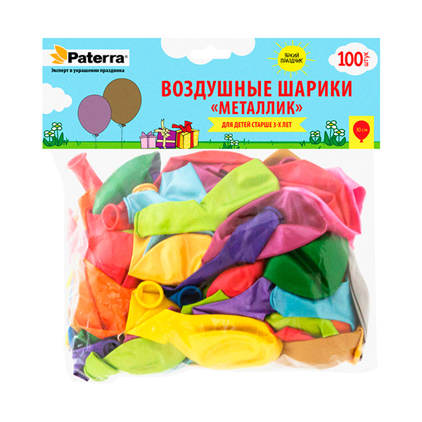 Товары для праздника PATERRA Воздуш. шарики МЕТАЛЛИК, 30 см, разноцв. 100 шт.в упак./10 
