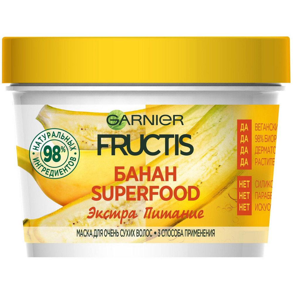 Маска для волос GARNIER Fructis 390мл Superfood Банан 3в1 питательная, для очень сухих волос