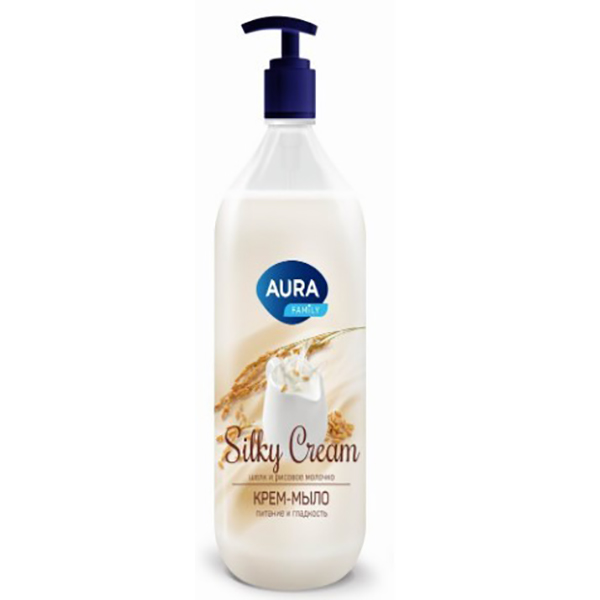 Мыло жидкое AURA Silky Cream 1000мл Крем-мыло Шелк и рисовое молочко флакон/дозатор КК/6