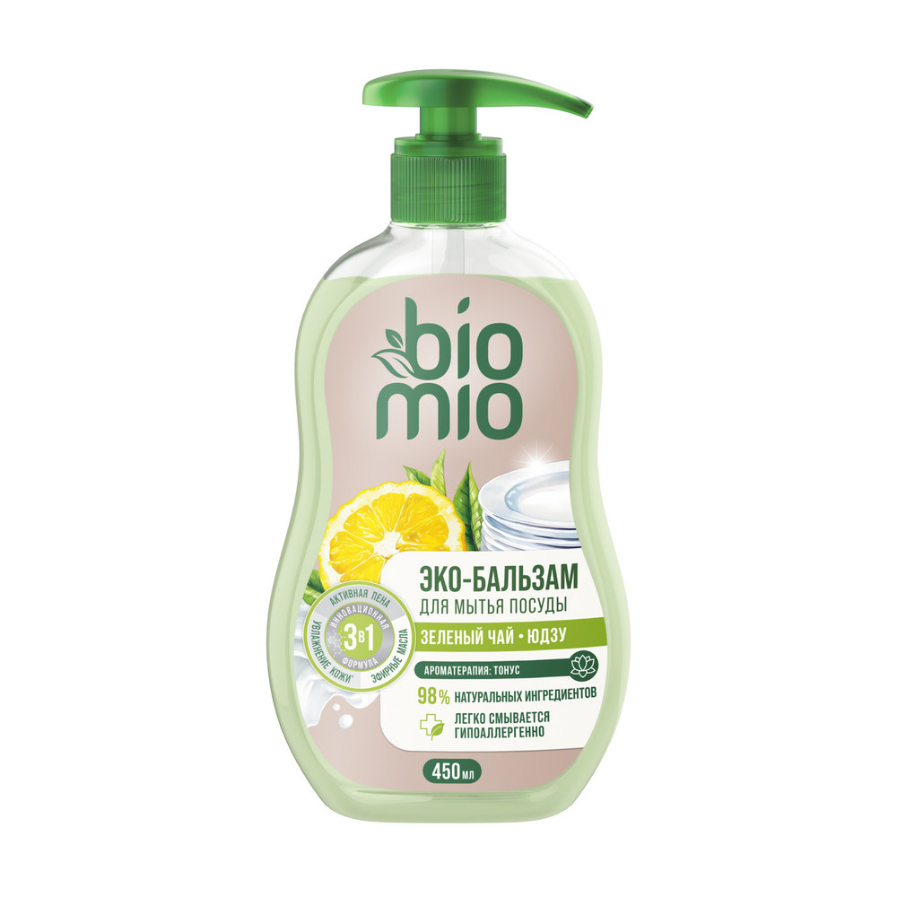 Бальзам для мытья посуды BIO MIO 450мл, для взрослой и детской, ЗЕЛЕНЫЙ ЧАЙ и ЮДЗУ, экологичный