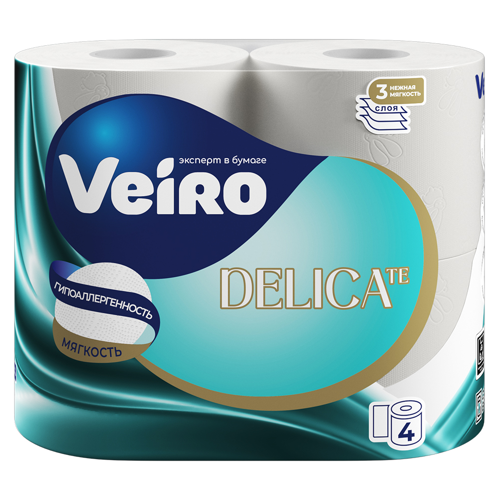 Бумага туалетная VEIRO 4шт 3сл DELICATE БЕЛЫЙ