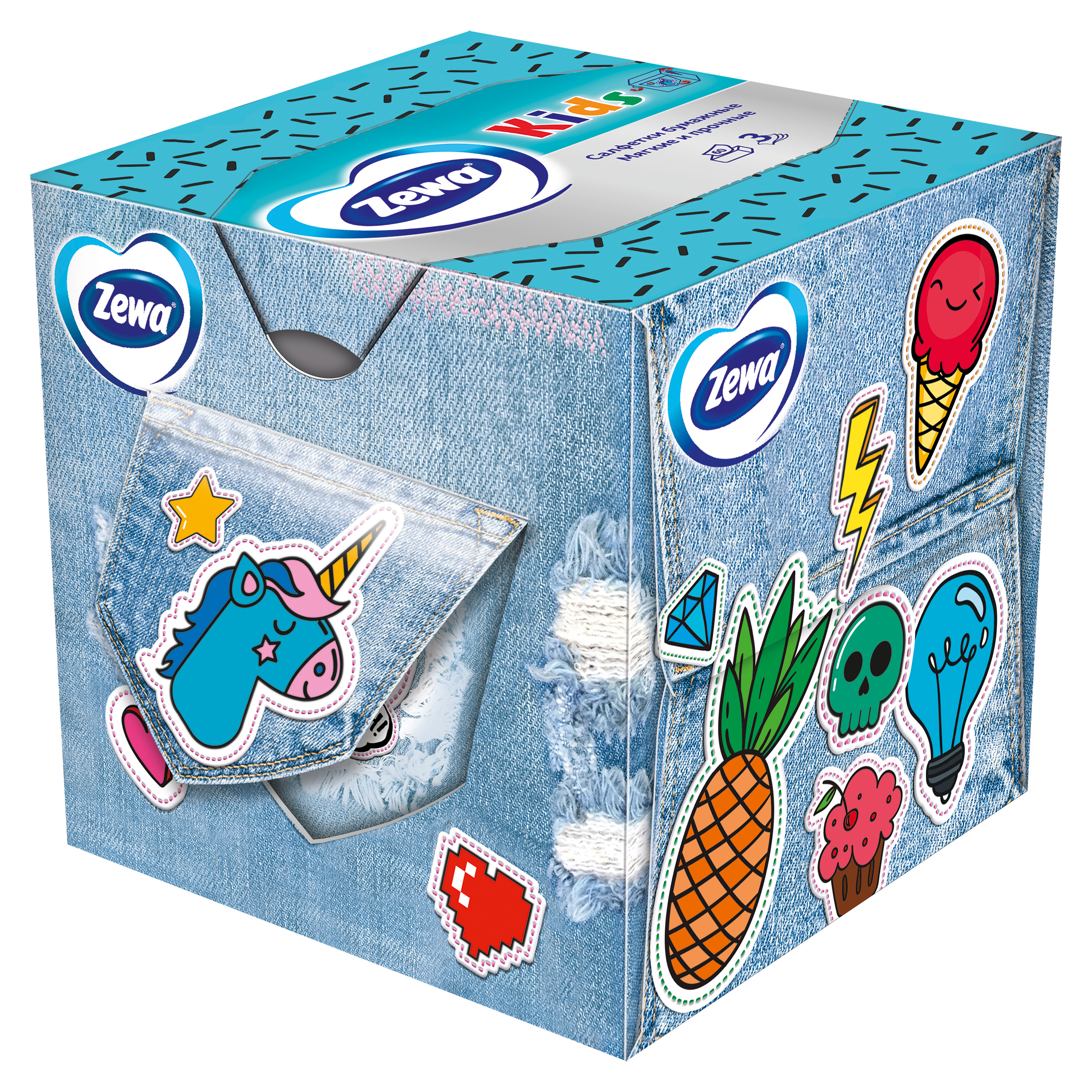 Салфетки косметические ZEWA Kids 60шт Зоопарк для лица в кубе